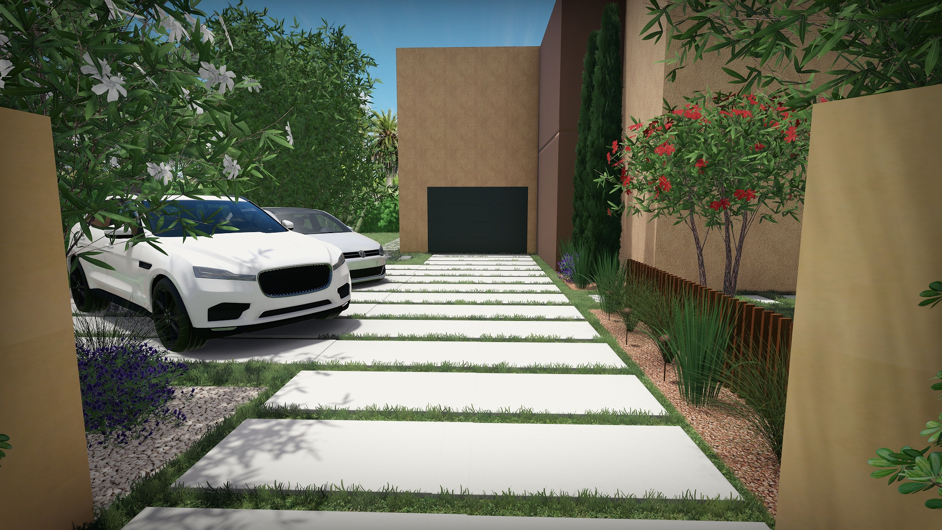 Allee paysagere avec massifs et structure vegetale