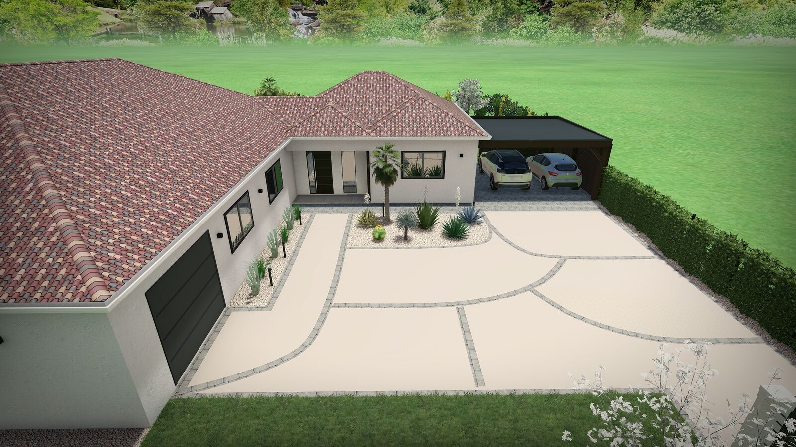 Rendu 3D d&rsquo;une cour d&rsquo;accueil en b&eacute;ton d&eacute;sactiv&eacute; devant la maison