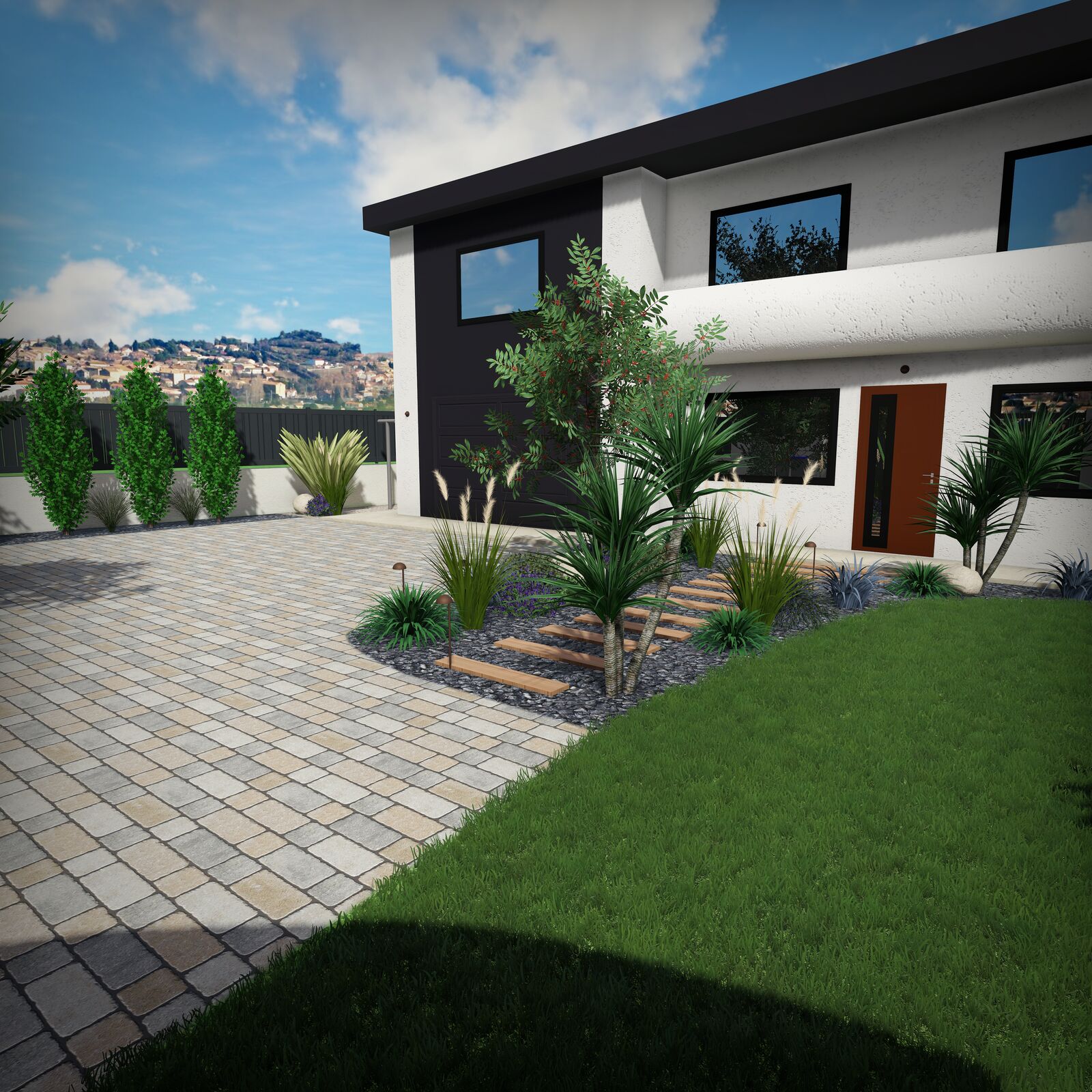 Rendu 3D d&rsquo;une entr&eacute;e pav&eacute;e bord&eacute;e de massifs devant une maison contemporaine
