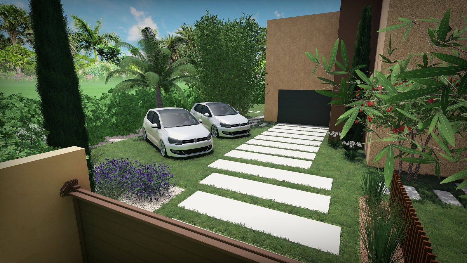 Rendu 3D d&rsquo;une all&eacute;e en grandes dalles sur pelouse menant au stationnement