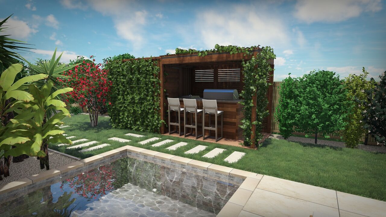 Rendu 3D d&rsquo;une cuisine d&rsquo;&eacute;t&eacute; sous pergola v&eacute;g&eacute;talis&eacute;e face &agrave; la piscine