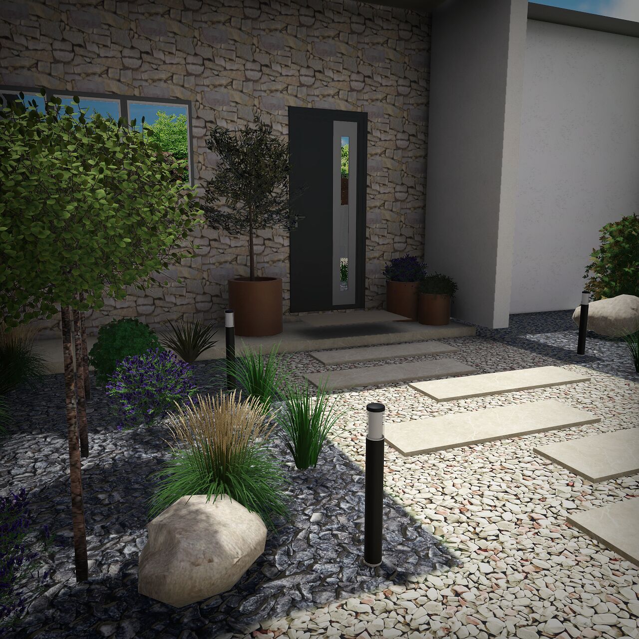 Rendu 3D d&rsquo;une entr&eacute;e en dalles et gravier avec bornes lumineuses