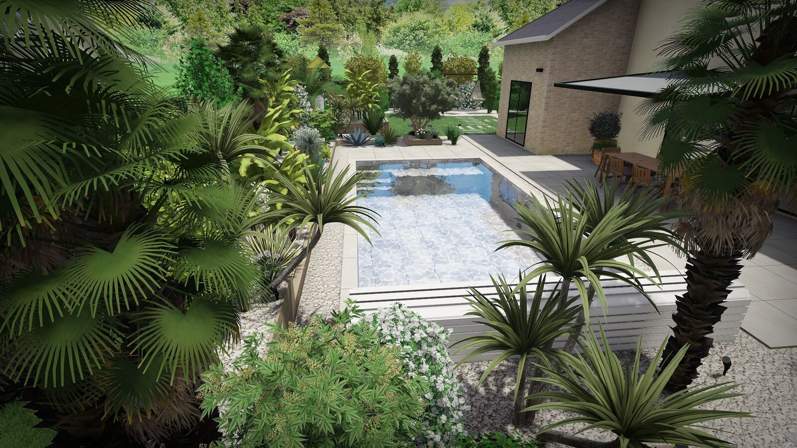 Rendu 3D d&rsquo;une piscine contemporaine entour&eacute;e de palmiers, vue en hauteur