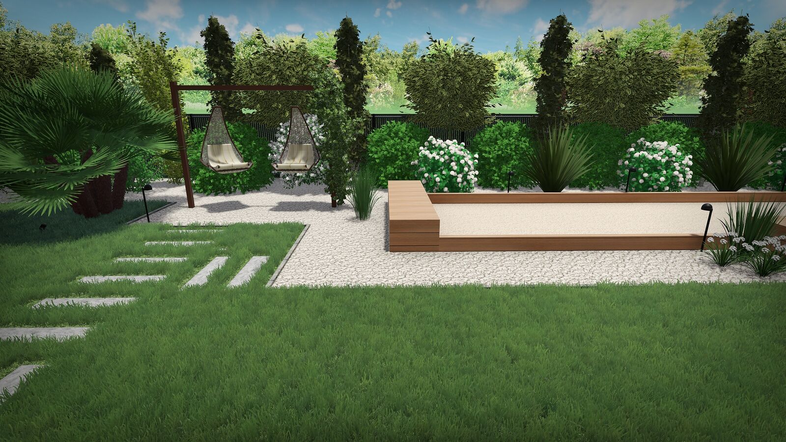 Rendu 3D d&rsquo;un jardin avec balancelles suspendues, pas japonais et banquette