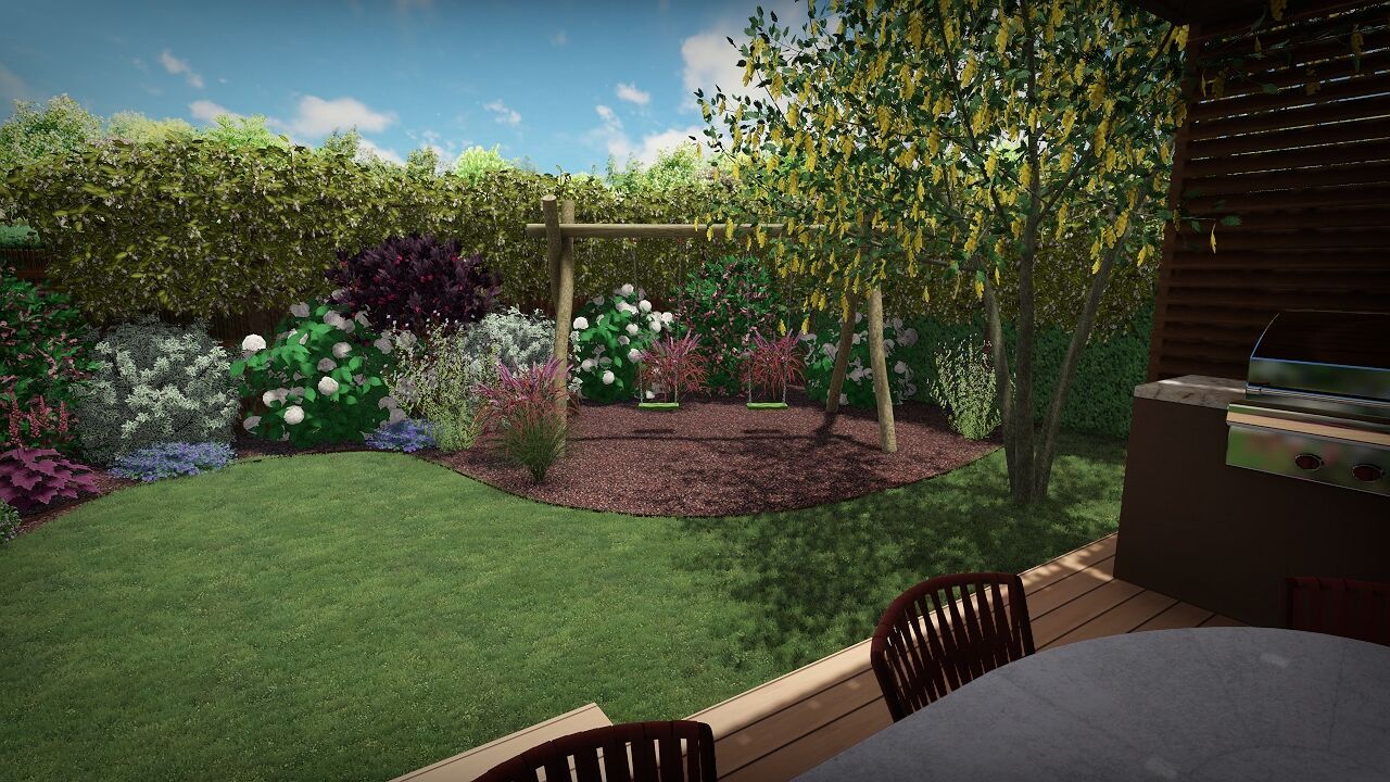 Rendu 3D d&rsquo;une balan&ccedil;oire en bois au milieu des massifs fleuris