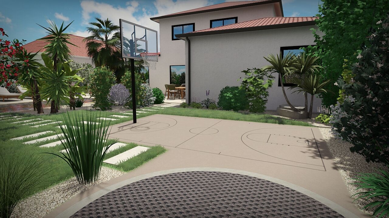 Rendu 3D d&rsquo;un terrain de basket dans le jardin familial
