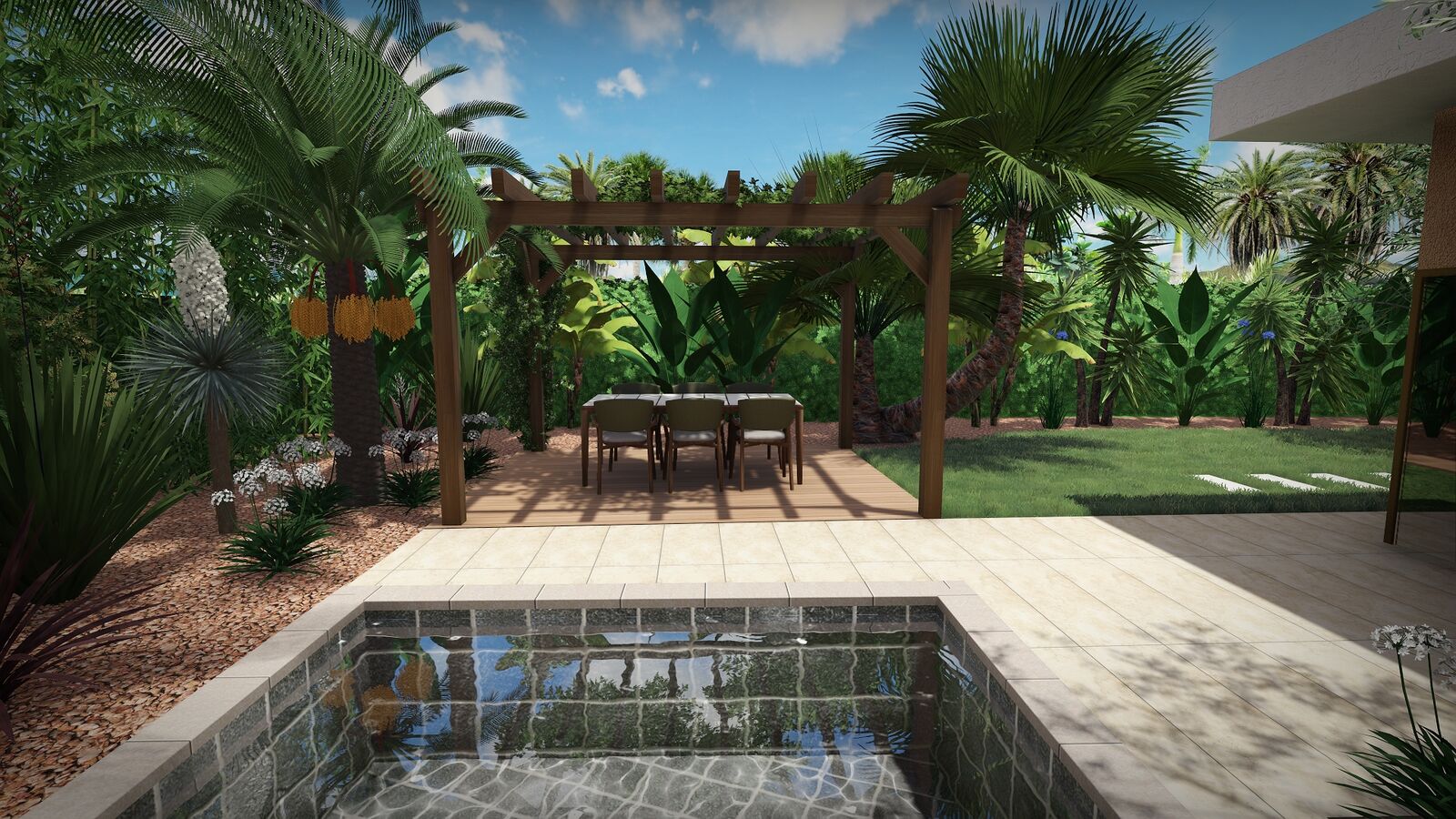 Rendu 3D d&rsquo;une piscine carrel&eacute;e face &agrave; une pergola bois entour&eacute;e de palmiers et de bananiers