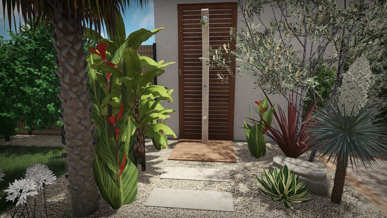 Rendu 3D d&rsquo;une douche ext&eacute;rieure en bois entour&eacute;e de cannas, palmiers et yuccas