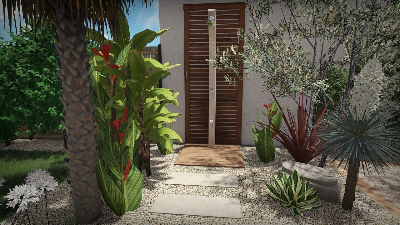 Rendu 3D d&rsquo;une douche ext&eacute;rieure en bois entour&eacute;e de cannas, palmiers et yuccas