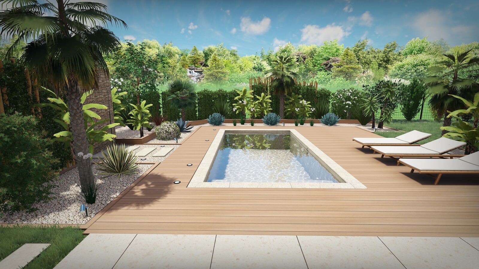 Rendu 3D d&rsquo;une piscine entour&eacute;e d&rsquo;un deck bois et de transats