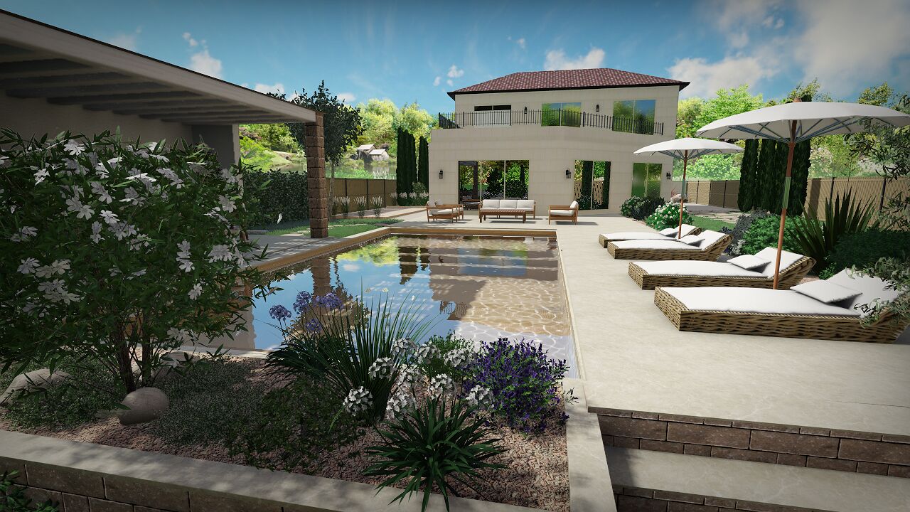 Rendu 3D d&rsquo;une villa avec piscine en travertin, transats et parasols