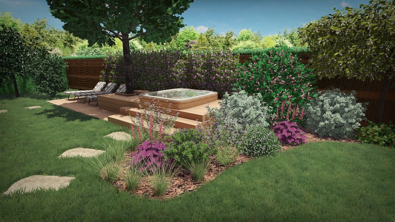 Rendu 3D d&rsquo;un spa sur terrasse bois entour&eacute; de massifs fleuris et de pas japonais