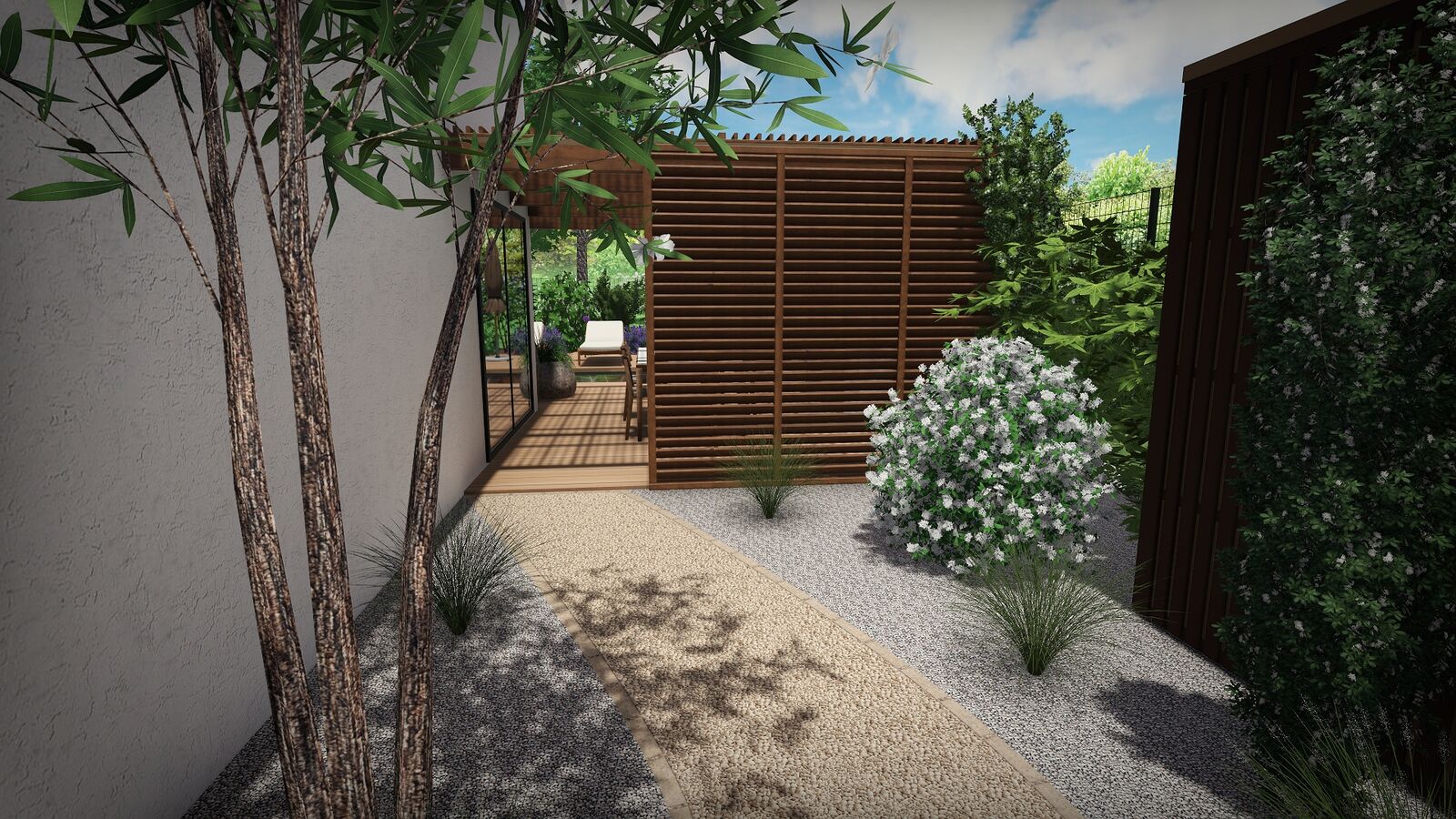 Rendu 3D d&rsquo;une all&eacute;e en gravier bord&eacute;e de bambous menant &agrave; une pergola