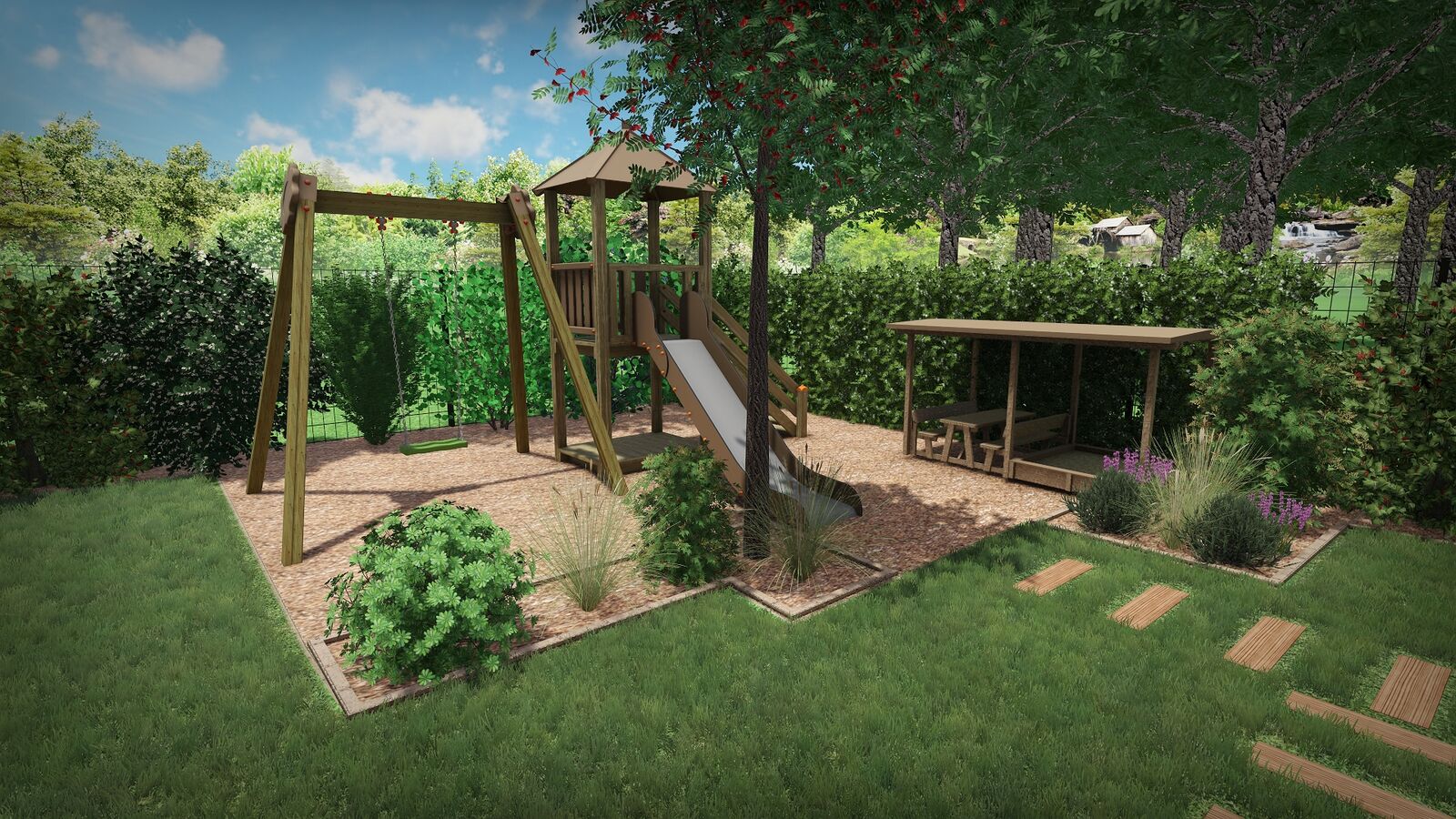 Rendu 3D d&rsquo;un espace de jeux pour enfants avec cabane, toboggan et balan&ccedil;oire
