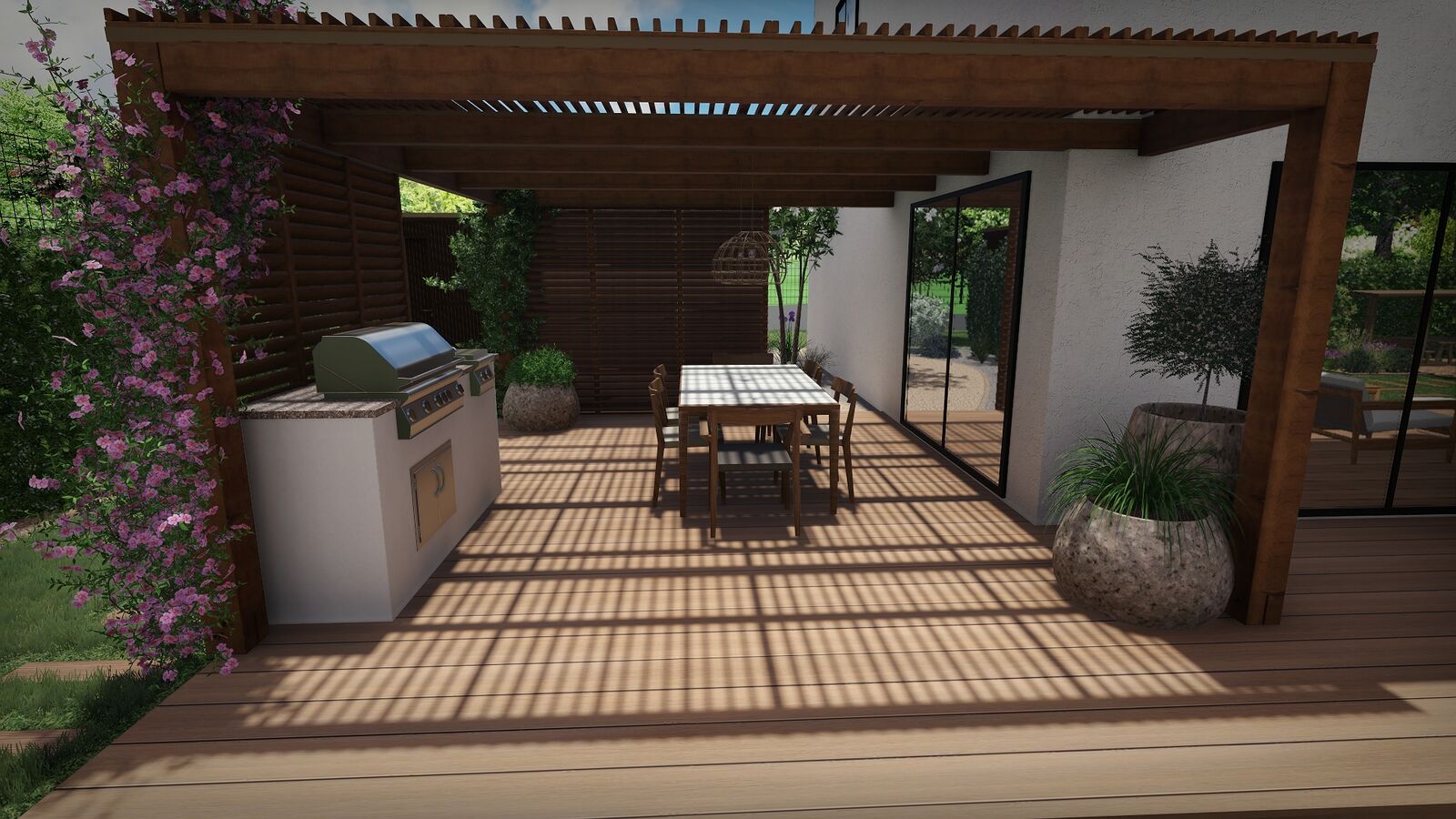 Rendu 3D d&rsquo;une pergola bois abritant une cuisine d&rsquo;&eacute;t&eacute; et une table