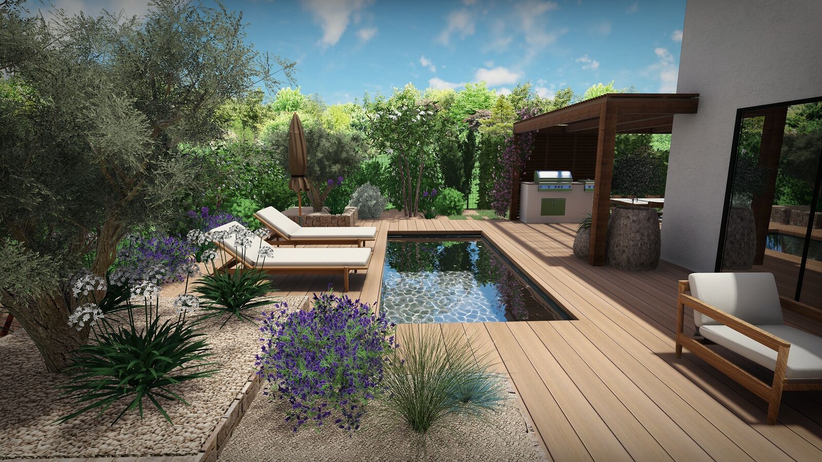 Rendu 3D d&rsquo;une piscine entour&eacute;e d&rsquo;un deck bois, de transats et de massifs fleuris