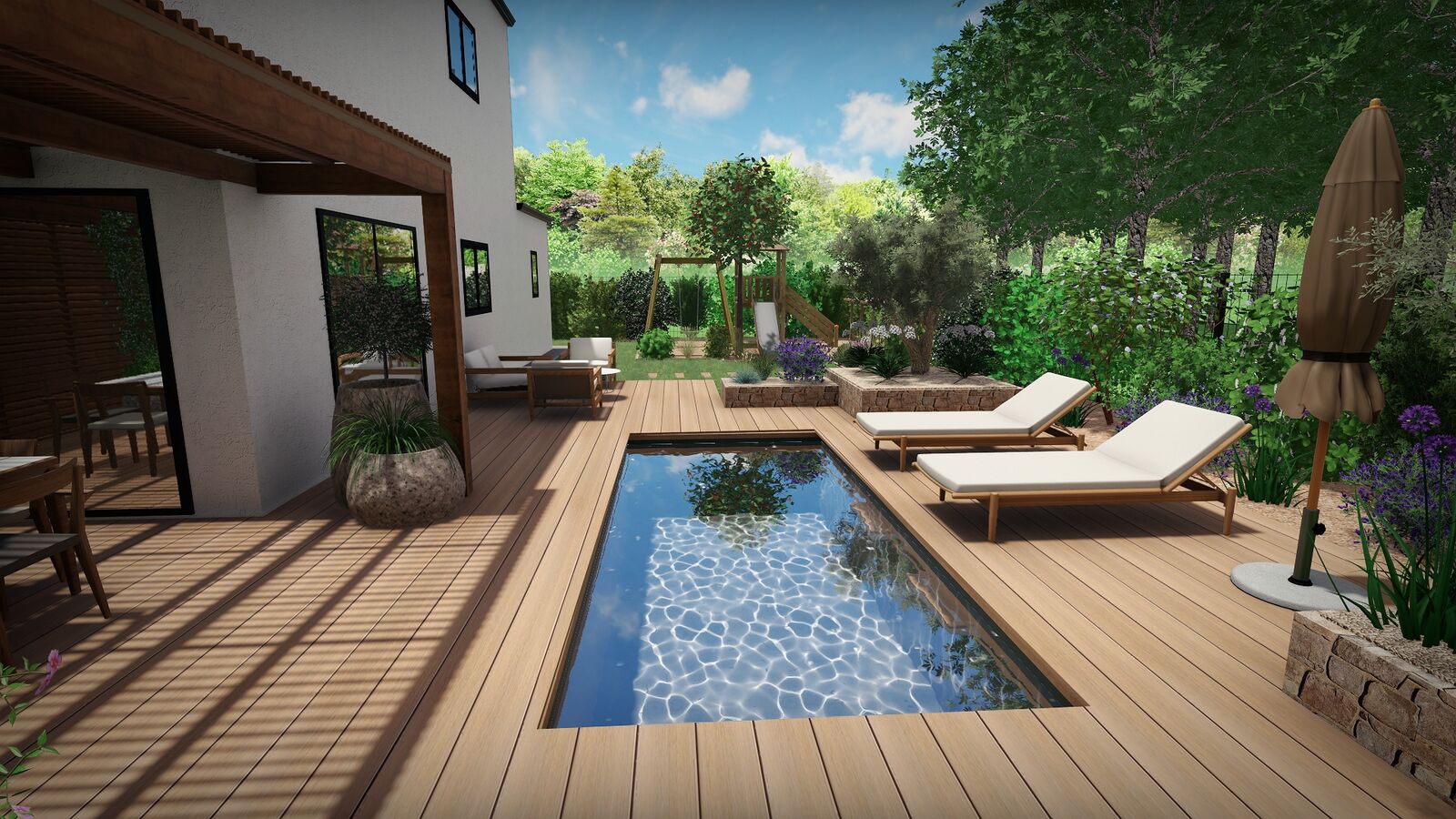 Rendu 3D d&rsquo;une piscine sur deck bois entour&eacute;e de lavandes et d&rsquo;oliviers