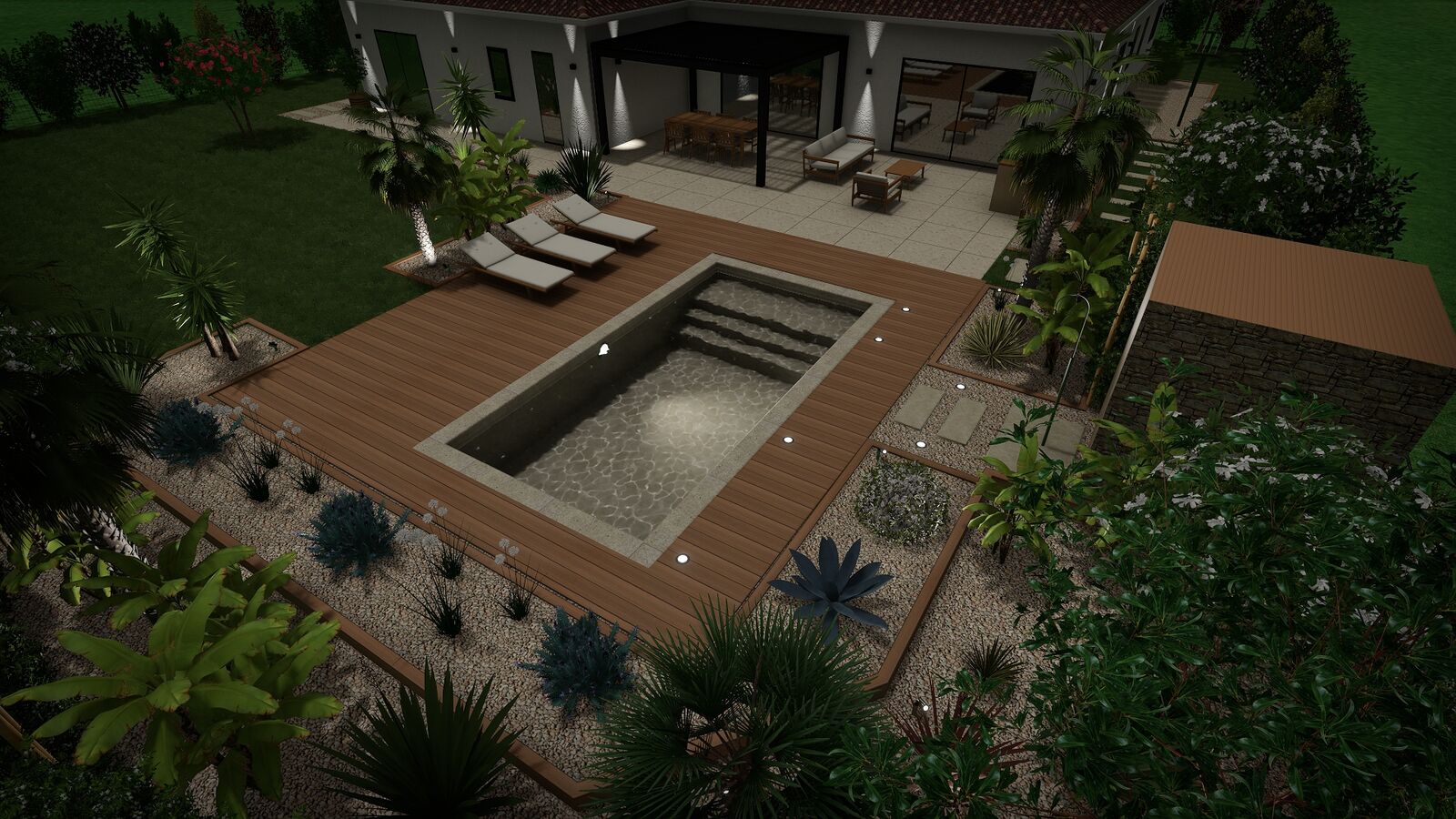 Rendu 3D de nuit d&rsquo;une piscine &eacute;clair&eacute;e, vue du dessus