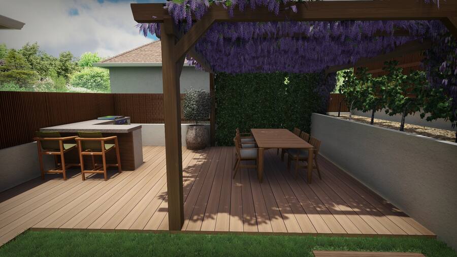 Rendu 3D d&rsquo;une terrasse bois sous une pergola couverte de glycine