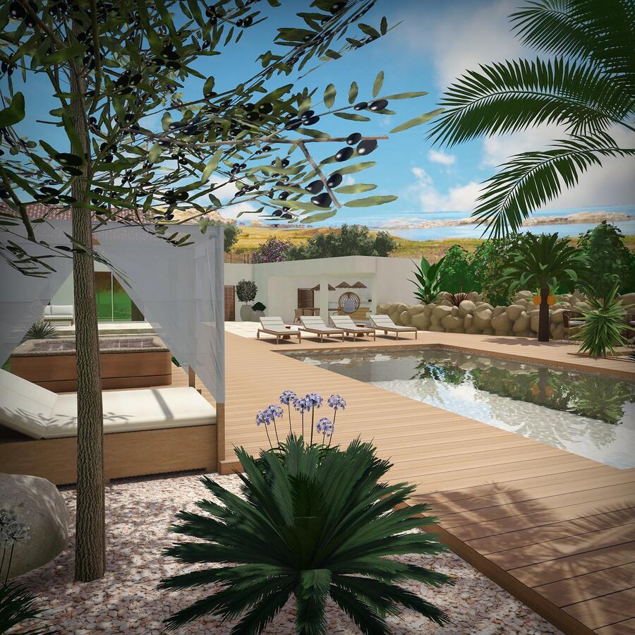 Rendu 3D d&rsquo;une piscine bord&eacute;e d&rsquo;un deck bois, d&rsquo;oliviers et de rochers